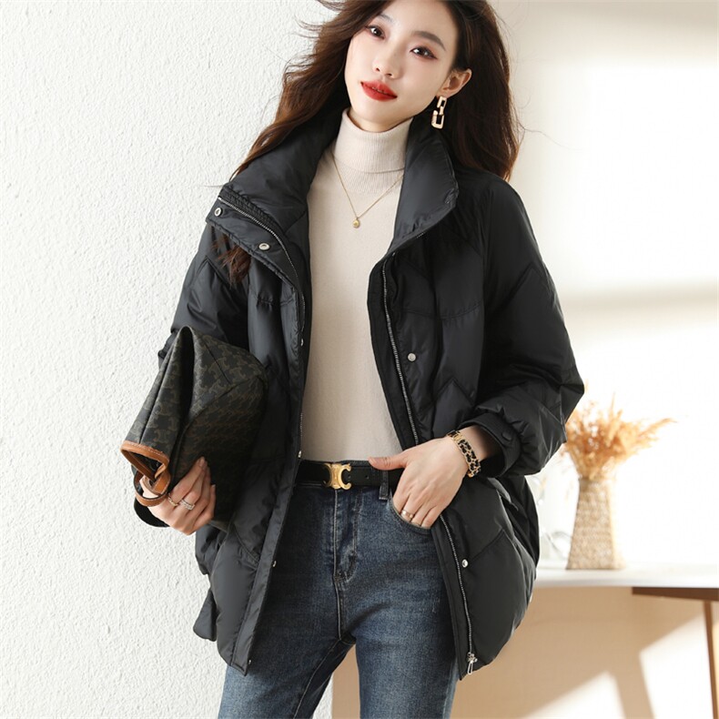 黑色立领羽绒服女2025冬季新款时尚休闲高级感白鸭绒加厚保暖外套,女装羽绒服,梦懿尔