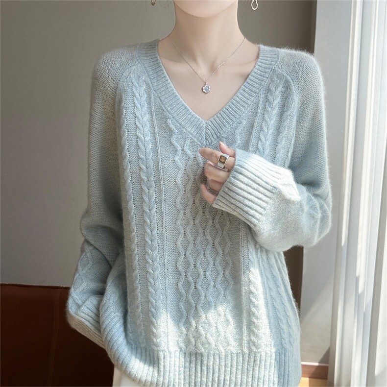 2025年秋季新款针织V领插肩羊绒麻花上衣时尚休闲通勤百搭，女装羊绒衫，多娇羊绒