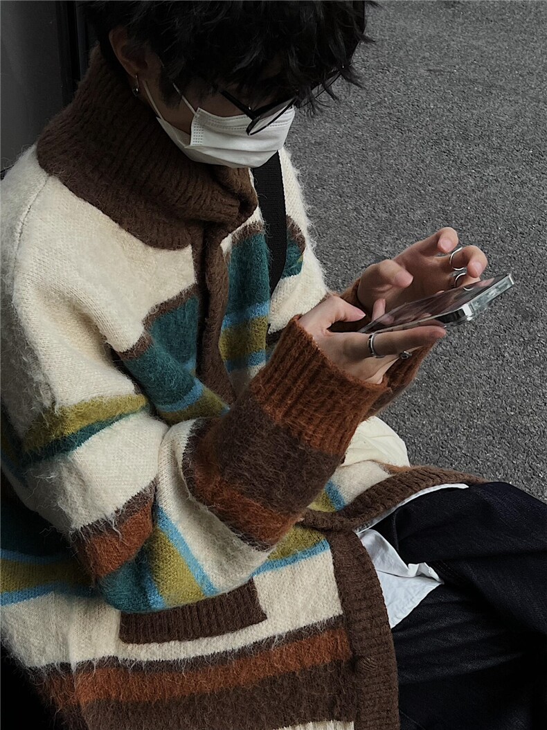 25M808-P78现货秋冬男女撞色条纹开衫毛衣秋冬保暖针织衫外套,男装针织衫/毛衣,电商B327