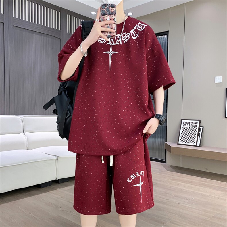 主推港风套装男宽松菠萝格满天星短袖T恤短裤痞帅套装TZ6626-P50,男装牛仔裤,星座310B