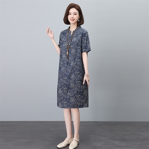 妈妈复古印花高端精致减龄连衣裙女士2026夏季宽松显瘦贵夫人裙子图片