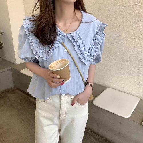 现货夏季新款木耳边衬衫，女装衬衫，木可可木R