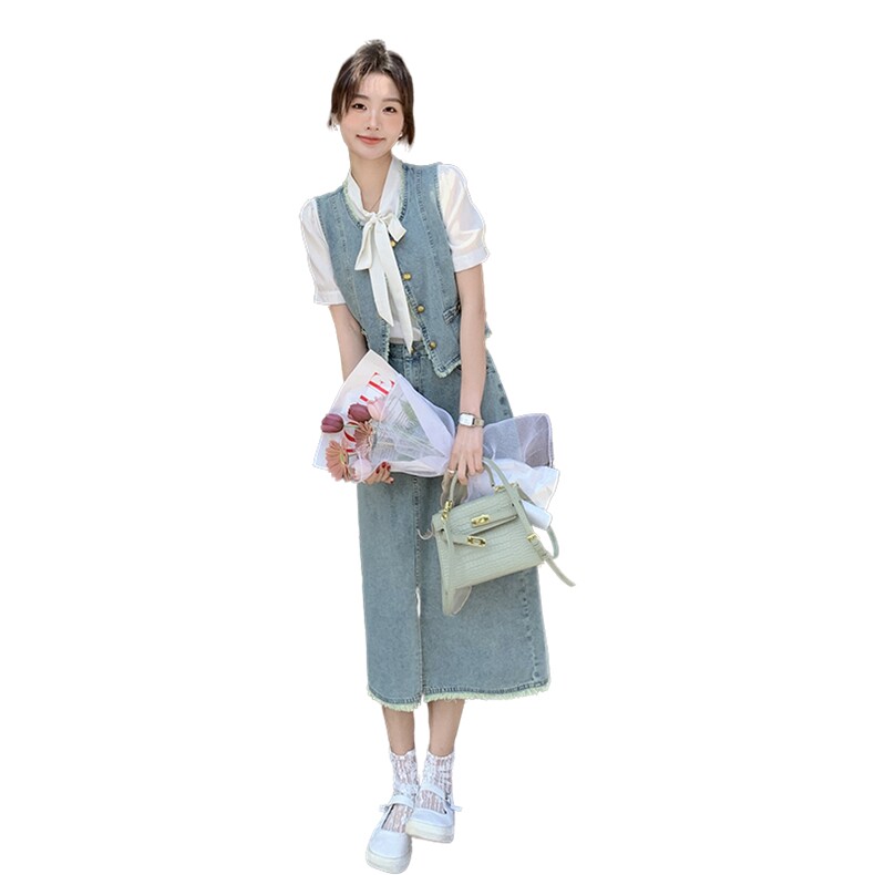 复古时尚牛仔套装裙女2024新款春夏洋气牛仔马甲衬衣半身裙三件套,女装套装/套裙,2C057