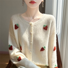 2025年秋季新款针织羊绒草莓提花开衫外套时尚休闲通勤百搭，女装羊绒衫，多娇羊绒