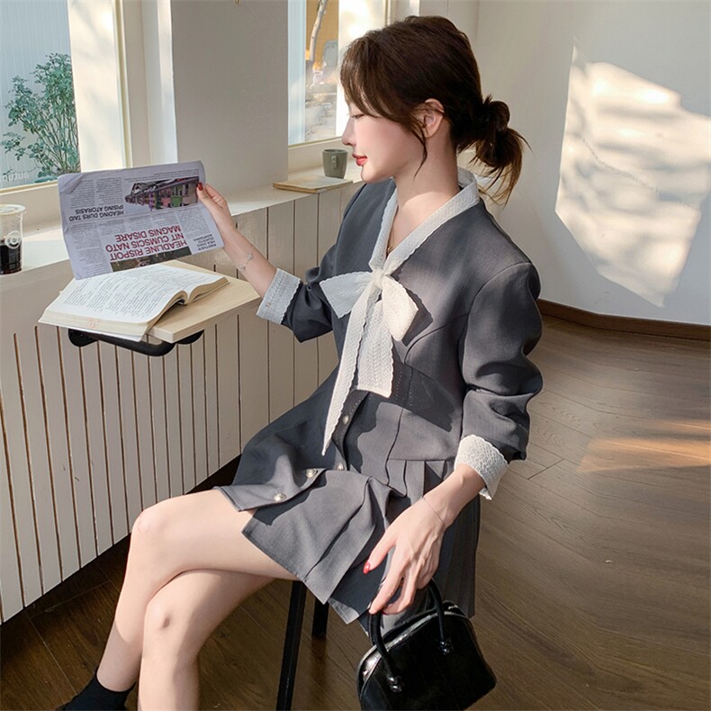 灰色设计感拼接连衣裙女2025春新款法式高腰显瘦小个子减龄百褶裙,女装套装/套裙,韩蜜菓
