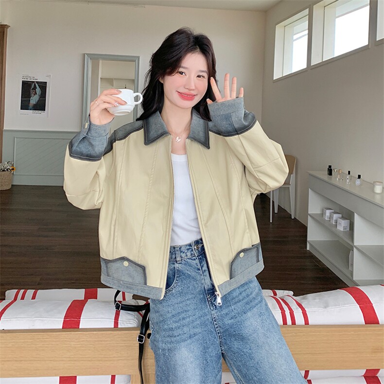 小众设计感牛仔拼接皮衣外套女2025春新款韩版宽松小个子休闲夹克,女装短外套,2C269