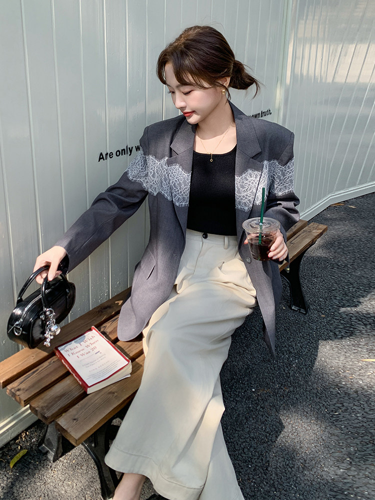 蕾丝拼接灰色西装外套女2025春季新款韩系休闲气质高级感炸街西服,女装西装,浙宝069