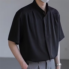 新中式立领男士衬衫短袖夏季冰丝痞帅高级感男装五分中袖无领衬衣，男装T恤，星座506A
