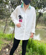新款拼色领配花朵胸针休闲衬衫，女装衬衫，L·H·X