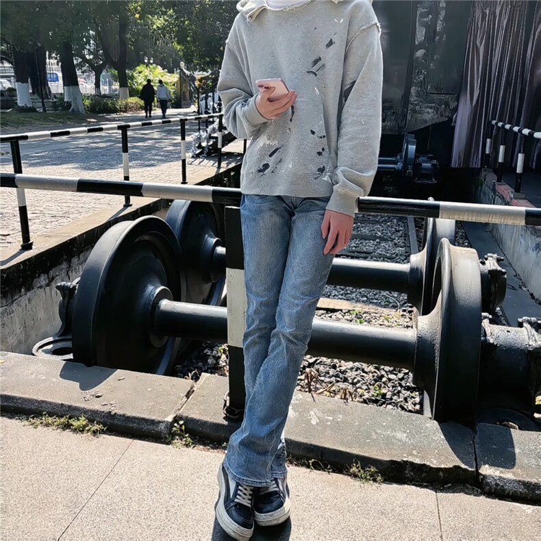 美式高街vibe潮牌水洗浅蓝色裤子vintage显瘦微喇修身Z343-8P44,男装休闲裤,星座1112-1