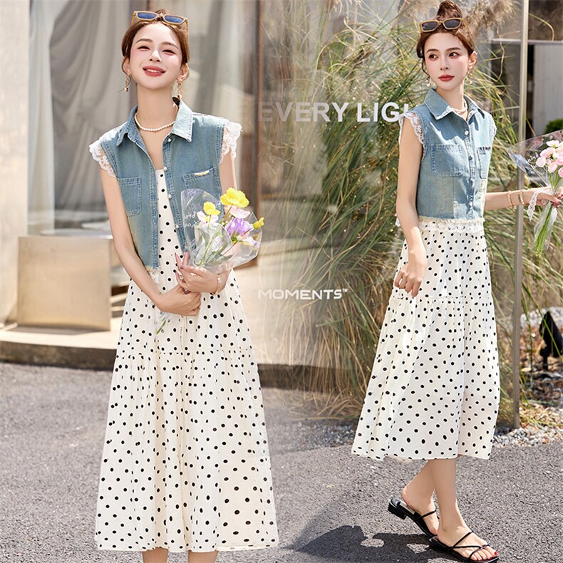 牛仔马甲波点吊带连衣裙两件套女2025夏季新款减龄蕾丝拼接套装裙，女装套装/套裙，魅影