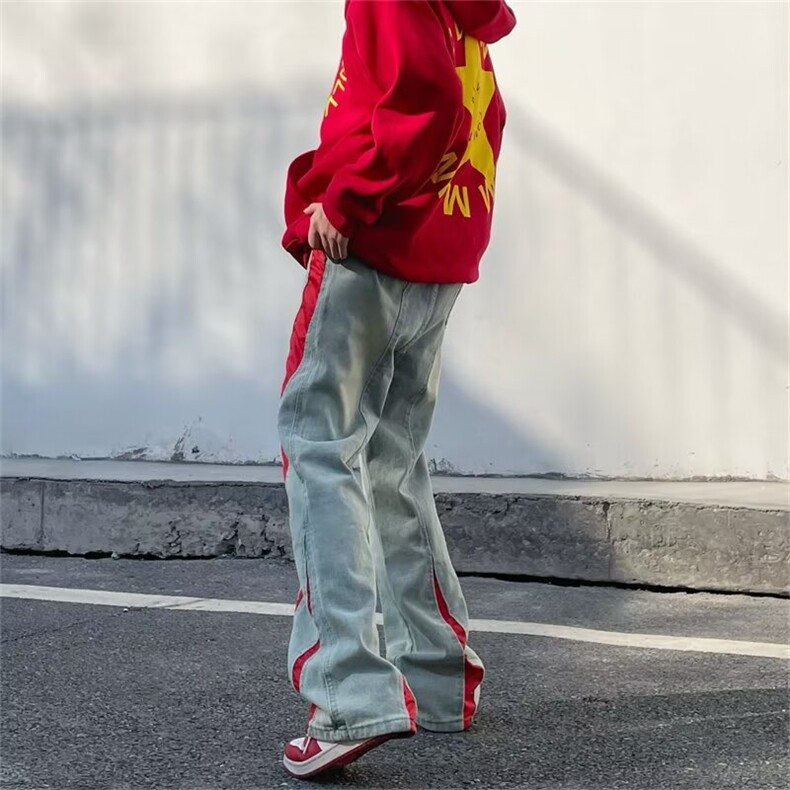 美式嘻哈高街长裤潮牌宽松大码拼接直筒微喇叭牛仔裤P63,男装牛仔裤,四季星座218-1