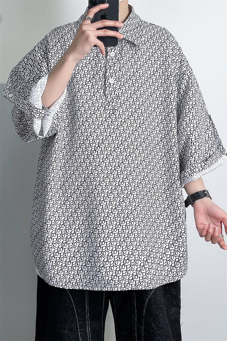C8075/P35新款夏季冰丝宽松印花五分袖衬衣男大码潮个性衬衫上衣,男装衬衫,电商A141
