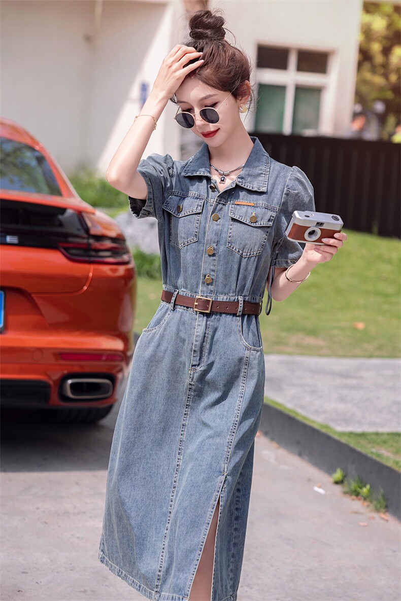 复古牛仔布长裙连衣裙女2025年夏季新款法式高级感小个子连身裙子,女装连衣裙,瑶迪依秀
