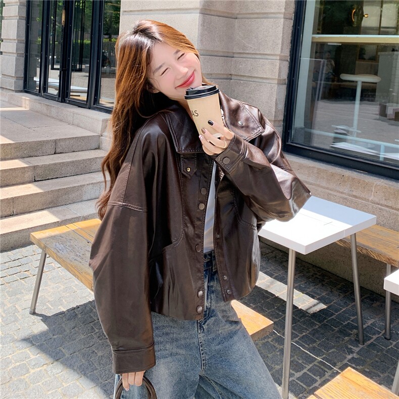 时髦复古时尚休闲皮衣外套女2025年秋季新款韩系宽松气质显瘦夹克,女装皮衣,蝶眷