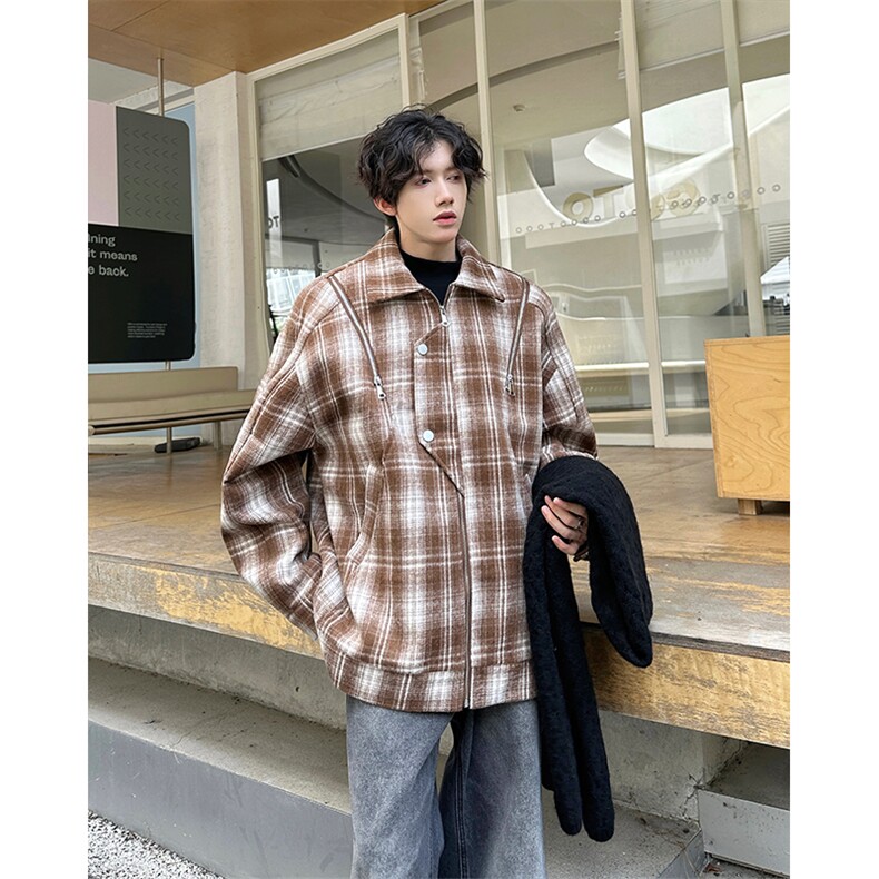 M885TP95毛呢格子外套男港风复古翻领休闲宽松秋冬廓形夹克上衣,男装夹克,电商A170