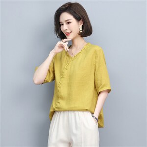 棉麻T恤女夏2022新款短款宽松休闲中年妈妈复古大码上衣亚麻小衫图片