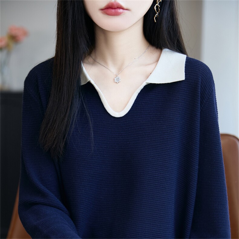 韩系POLO领撞色长袖针织衫女精纺薄款毛衣2025轻薄舒适设计感上衣,针织衫/毛衣,郡淞羊绒