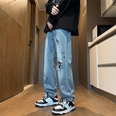 水洗做旧破洞牛仔裤男秋季新款高街直筒宽松老爹裤子1293-P45，男装牛仔裤，星座910-5