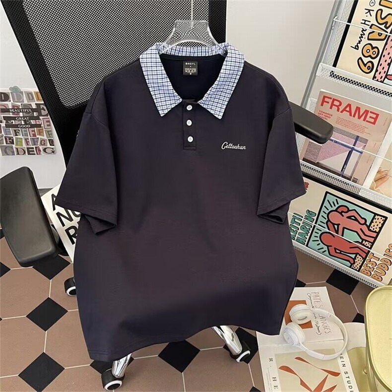 2025新款撞色格子领polo衫翻领短袖t恤宽松上衣白色现货T1862-P38,男装Polo衫,星座512-3