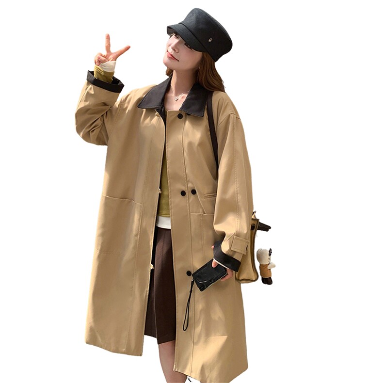 撞色翻领长款卡其色风衣外套女春秋2025新款显瘦巨好看高级感大衣,女装风衣,2C169