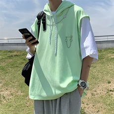 高街潮流大码宽松链条装饰T恤连帽撞色假两件短袖男T1070-P32，男装T恤，星座512-2