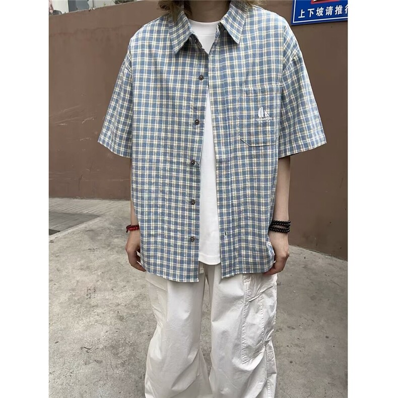 日系复古刺绣格子短袖衬衫少年感百搭宽松衬衣男女HCS204图片