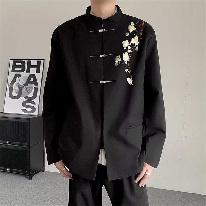 新中式重工刺绣玉兰花中山装男立领盘扣唐装便服金属扣西服薄外套,男装西服,星座506A