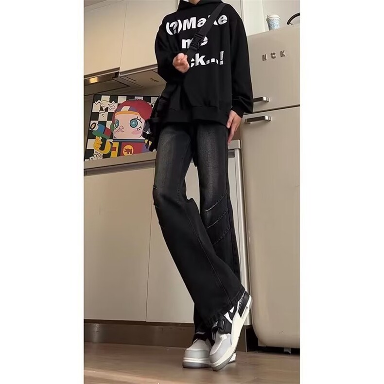 水洗做旧弯刀牛仔裤男款高个子加长裤子美式高街vibe直筒微喇长裤,男装牛仔裤,星座513A