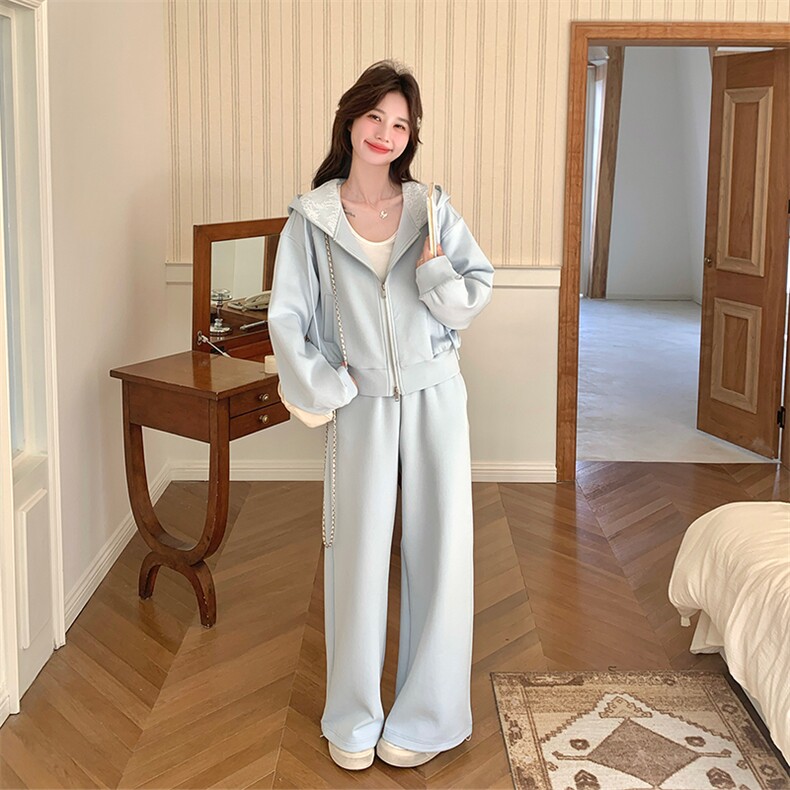 【现货】蓝色时尚休闲蕾丝连帽卫衣裤子套装女606-P180-K288,女装套装/套裙,2C126