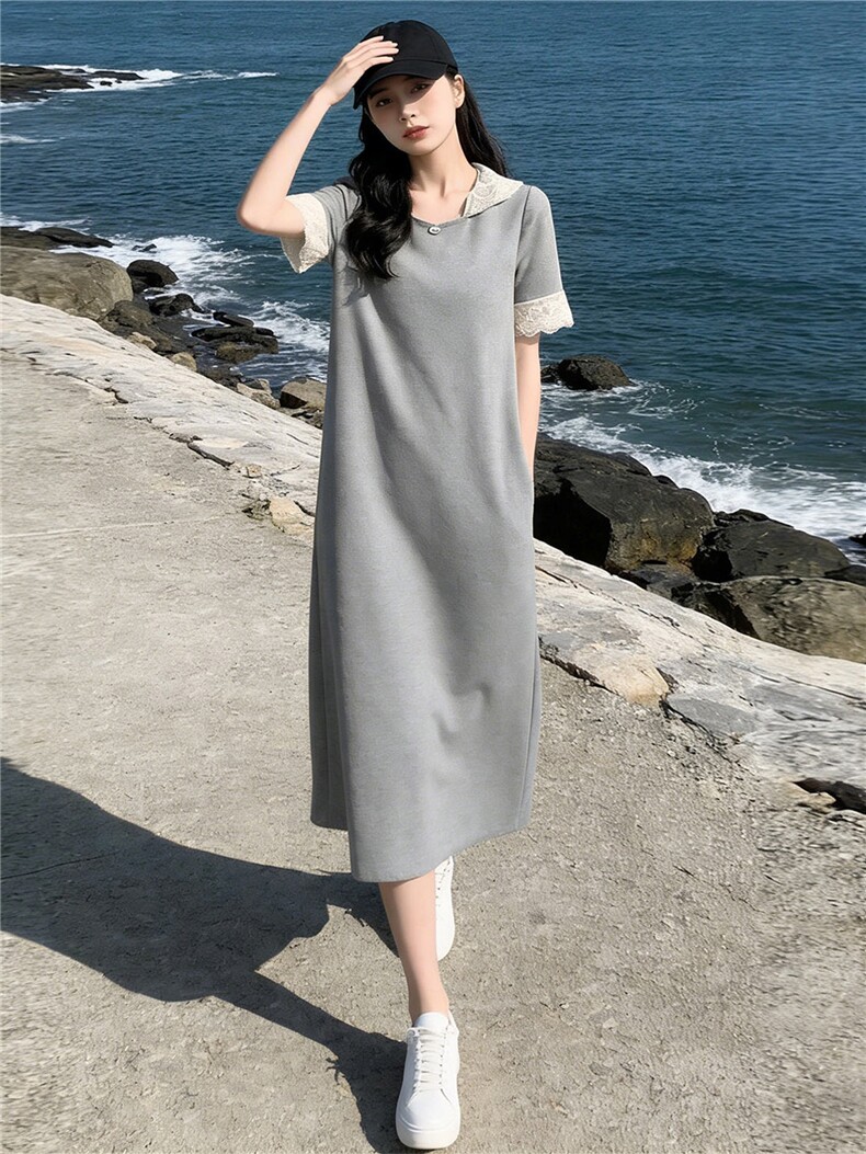 欧货时尚潮流长款连衣裙女夏新款洋气宽松蕾丝拼接连帽短袖休闲裙,女装套装/套裙,江南