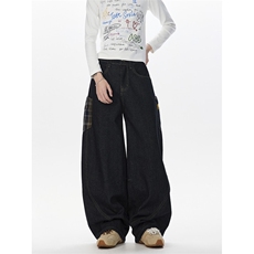 复古格纹拼接弯刀牛仔裤男女秋季潮男裤k96p55控88，男装牛仔裤，星座1011-1