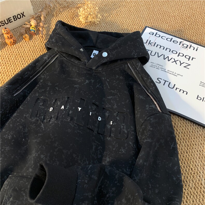 815A-W2243-P65控98 秋冬重磅扎染钢印拉链拼接连帽卫衣男女图片