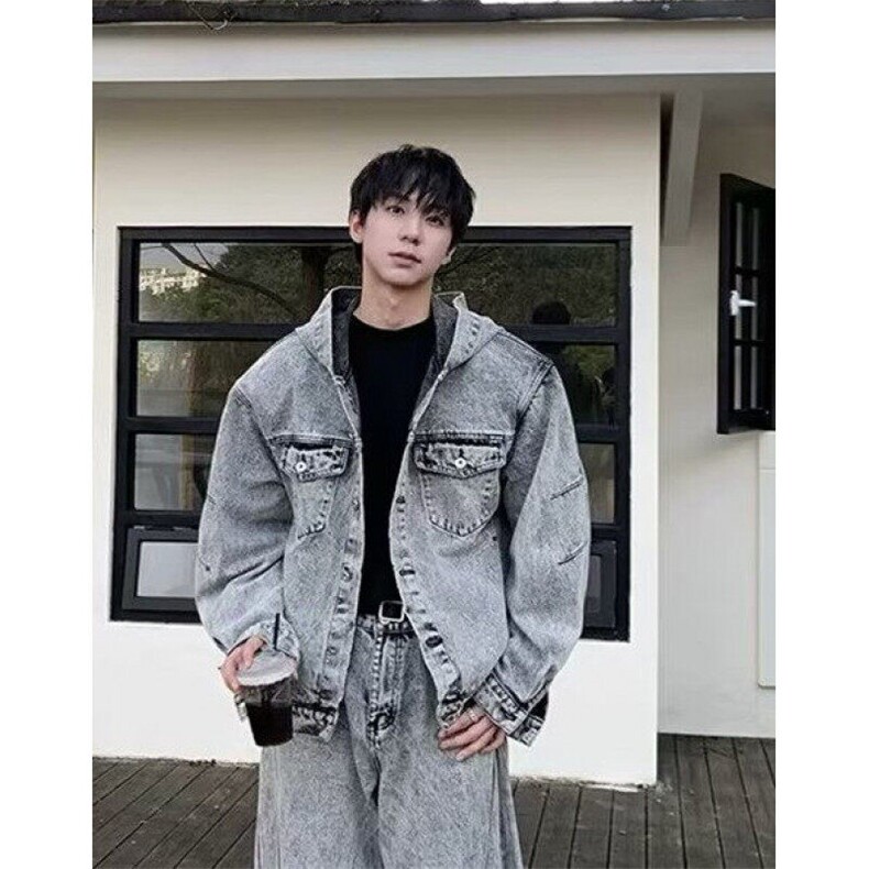 短款美式复古连帽做旧水洗牛仔外套男宽松休闲工装夹克上衣 J44图片