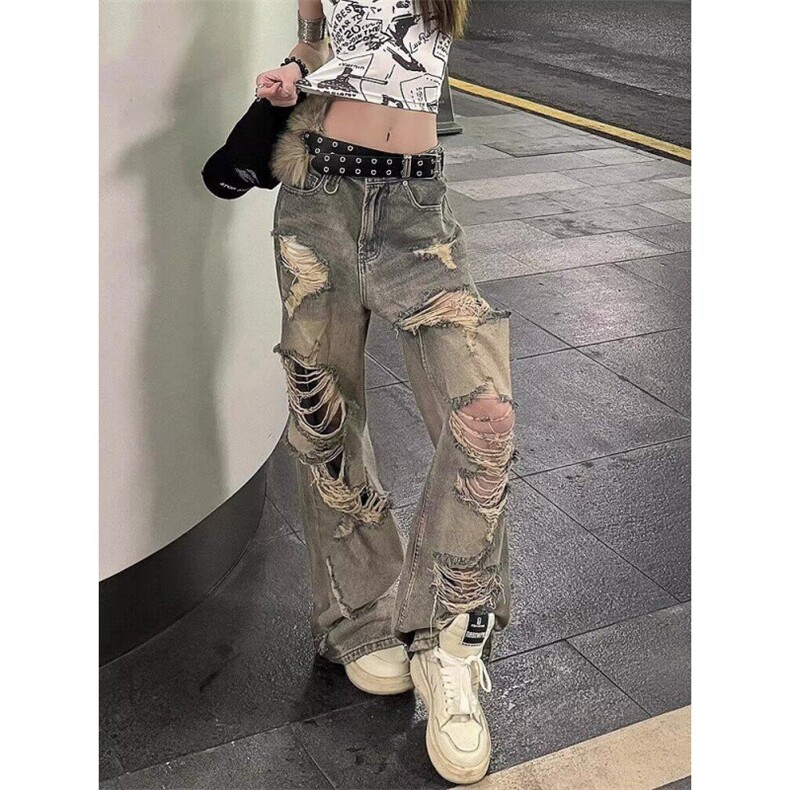 新款美式复古夏季辣妹个性痞帅酷破洞牛仔裤直筒宽松拖地裤,男装牛仔裤,星座506A