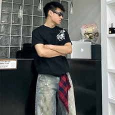 万针全刺绣解构设计260克重磅双纱纯棉高品质美式高街短袖T恤特35，男装T恤，电商A486