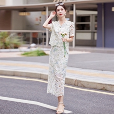 小香风蕾丝套装裙女2024夏新款甜美名媛气质钉珠上衣半身裙两件套，女装套装/套裙，众宇琦
