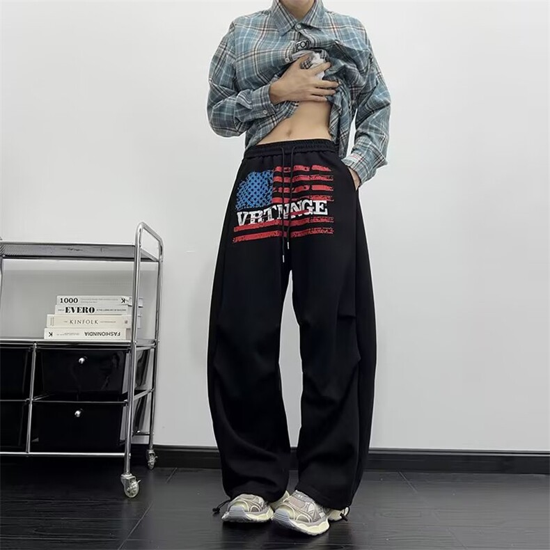 原宿新款ins美式复古褶子宽松高腰长裤女生穿也好看情侣日潮潮流,女装休闲裤,星座1210-1