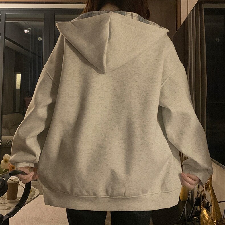 格子拼接连帽卫衣女春秋oversize薄款外套宽松拉链开衫C810-P100,女装短外套,星座911-2(原星座613-2）