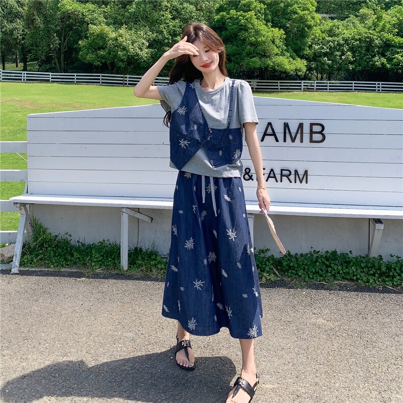 新款2025夏季韩系假两件刺绣马甲半身裙套装6109-P165-K238,女装套装/套裙,2C057