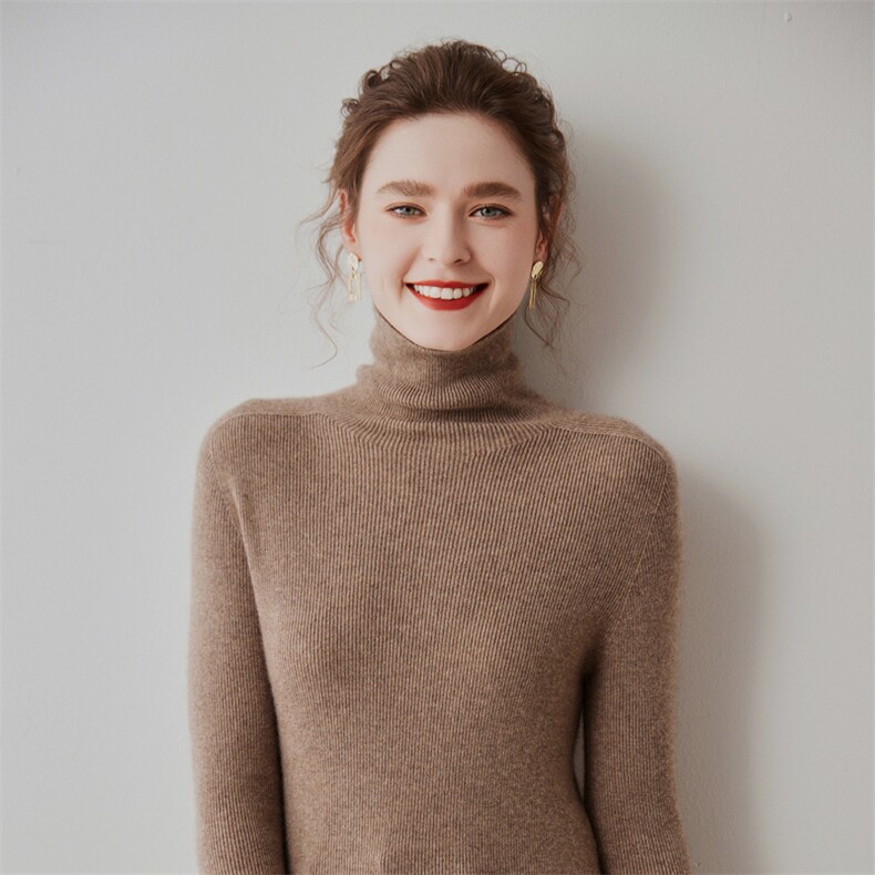 时尚百搭半高领显瘦保暖粉色针织衫,女装羊毛衫,七柒羊绒