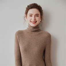 时尚百搭半高领显瘦保暖粉色针织衫，女装羊毛衫，七柒羊绒