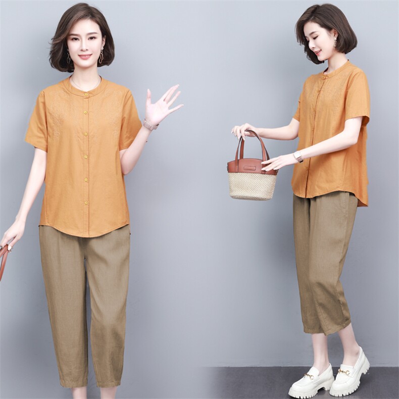 新款2024亚麻棉两件套刺绣T恤衬衫女七分裤中老年妈妈装一整套装,女装套装/套裙,璐依舞