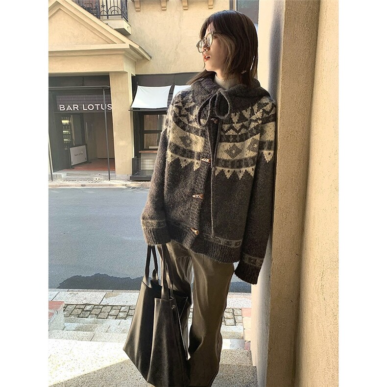 费尔岛灰色牛角扣连帽毛衣外套女秋冬季加厚宽松慵懒复古针织开衫,男装针织衫/毛衣,星座1210-1