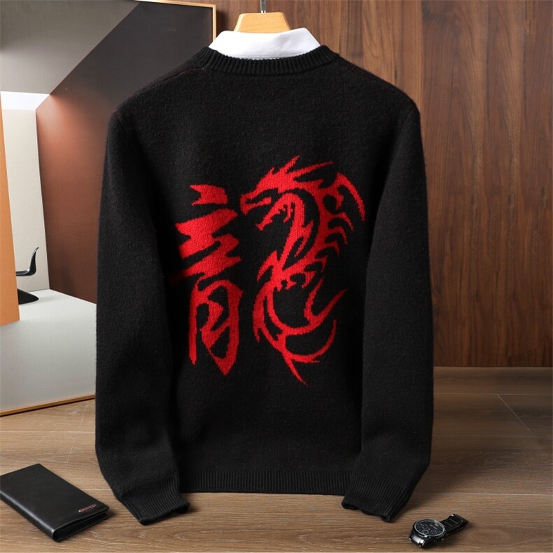 男士新款男式圆领宽松型休闲青龙图羊毛衫2024年秋季，男装羊毛衫，木淼羊绒