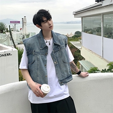 韩版小众解构设计感垫肩水洗牛仔马甲外套男宽松做旧无袖坎肩背心，男装背心/马甲，星座505-2（原电商A260-1)