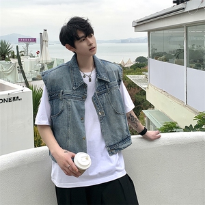 韩版小众解构设计感垫肩水洗牛仔马甲外套男宽松做旧无袖坎肩背心图片