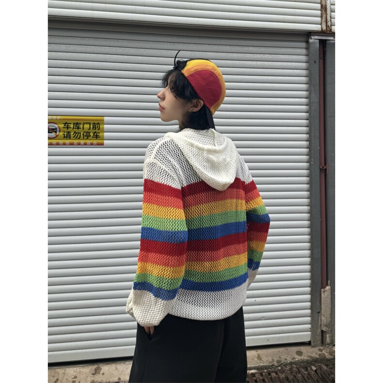 【有货】彩虹镂空连帽针织开衫男女罩衫情侣衬衫外套2401CC-特P48,男装衬衫,星座1007（原301D）