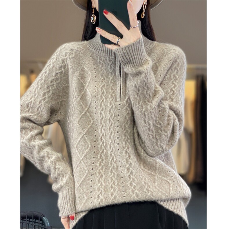 23秋冬新款立领半拉链扭花重工100%羊绒衫女绞花宽松加厚羊毛打底,女装羊毛衫,忠诺羊绒