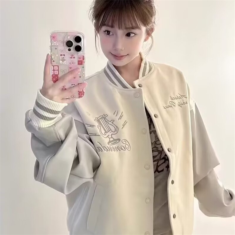 J546-P70 早秋美式皮袖棒球服外套2025新款刺绣拼色潮宽松图片